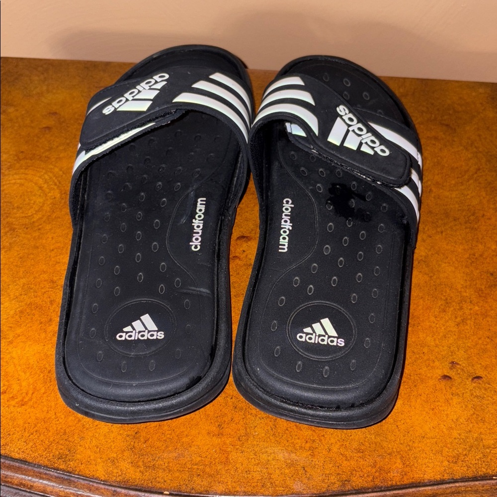 Adidas Black and White Striped Slides - Picture 3 of 5